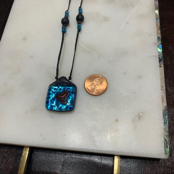 Artisan handmade blue square glass medallion cord leather necklace - Picture 2 of 10